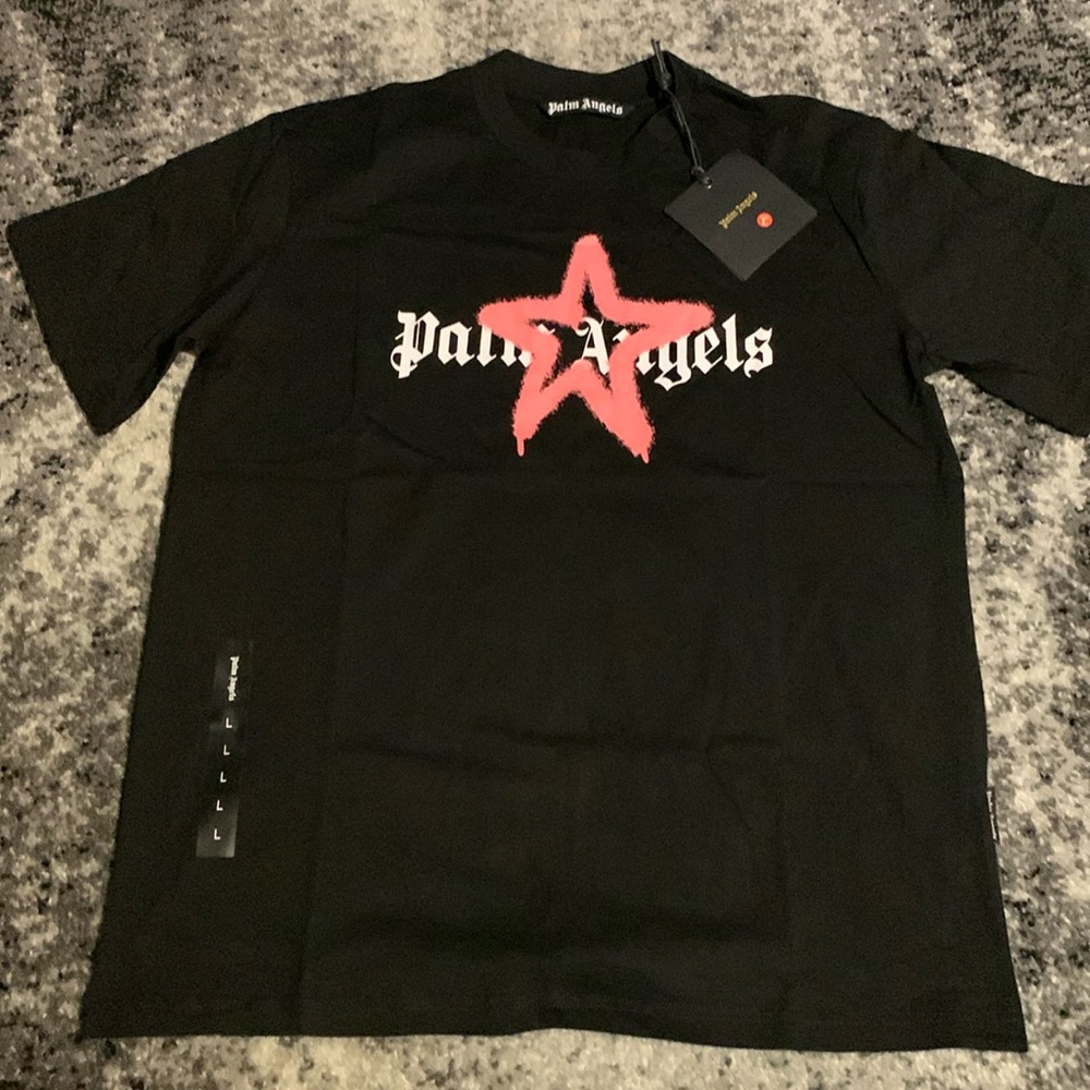 Palm Angels Sprayed Star Pink on Black T-Shirt Men’s Size Large
